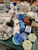 ROYAL ALBERT AND SPODE TEA WARES, A PALISSY COFFEE SET, BOX AND OTHER CAMERAS, STONE EGGS, ETC.