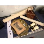 CASED OPERA GLASSES, JAPANESE PAINTINGS, PRINTS AND A BRASS TRAY