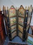 A VINTAGE INDIAN HAND PAINTED FOUR FOLD SCREEN.