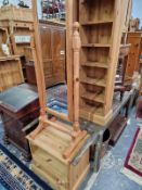 TWO SMALL PINE BOOK SHELVES, A CHEVAL MIRROR, AND A BED SIDE CABINET.