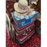 SIX SUITCASES, A LEATHER BRIEF CASE, LADYS HATS AND BLANKET AND WOODEN COAT HANGERS