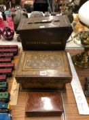 THREE VARIOUS WOODEN BOXES, A METAL AMMUNITION BOX AND A DICTIONARY