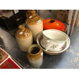 TWO STONEWARE FLASKS, A STORAGE JAR, A CHAMBER POT AND A LE CREUSET TUREEN AND COVERT