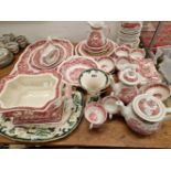 A QUANTITY OF MASONS VISTA PATTERN TEA AND DINNER WARES TOGETHER WITH A CHARTREUSE PLATTER AND VASE