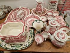 A QUANTITY OF MASONS VISTA PATTERN TEA AND DINNER WARES TOGETHER WITH A CHARTREUSE PLATTER AND VASE