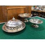 TWO SILVER SMALL TAZZA, AND A SILVER PLATED GLASS LINED BUTTER DISH.