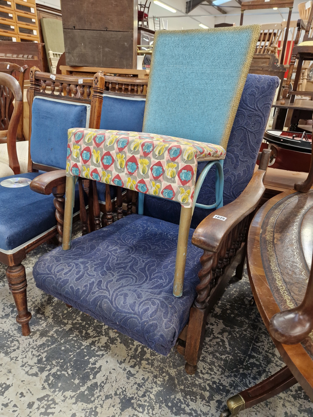 A MORRIS TYPE RECLINING ARM CHAIR AND A LOOM CHAIR.