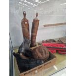 A PAIR OF BROWN LEATHER RIDING BOOTS, BOXING GLOVES, A VINTAGE LEATHER FOOTBALL, TWO BAGS OF GOLF