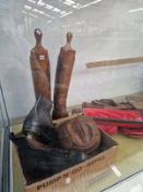 A PAIR OF BROWN LEATHER RIDING BOOTS, BOXING GLOVES, A VINTAGE LEATHER FOOTBALL, TWO BAGS OF GOLF