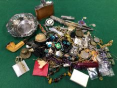 COLLECTABLES AND JEWELLERY TO INCLUDE AN INGERSOLL POCKET WATCH, HIP FLASK, ELEGANCE WATCH, SILVER