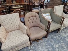 A PAINTED FRENCH STYLE SHOW FRAME ARM CHAIR AND THREE OTHER ARM CHAIRS.
