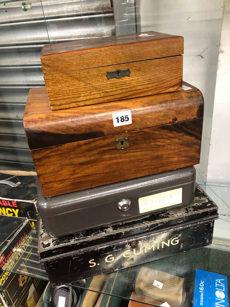 TWO METAL SECURITY BOXES TOGETHER WITH TWO WOODEN BOXES