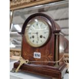 AN EARLY 20th C. INLAID MAHOGANY MANTLE CLOCK STRIKING ON A COILED ROD