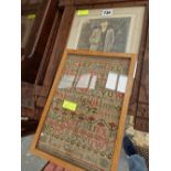 LUCY CUSHINGS 1806 ALPHABET SAMPLER TOGETHER WITH A PHOTOGRAPH OF A PIPE SMOKING GENTLEMAN