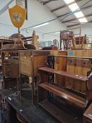 TWO ANTIQUE MAHOGANY WALL SHELVES, A POT CUPBOARD, A CORNER WASHSTAND AND A POLE SCREEN.