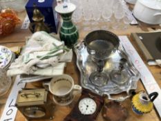 TWO MANTEL CLOCKS, AN ELECTROPLATE TRAY, PAIR OF CANDLESTICKS AND BOWL, SOME TABLE LINEN AND