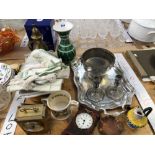 TWO MANTEL CLOCKS, AN ELECTROPLATE TRAY, PAIR OF CANDLESTICKS AND BOWL, SOME TABLE LINEN AND