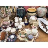 A 19th C. PINK LUSTRE JUG, DERBY AND OTHER PORCELAIN JUGS, TABLE LAMPS AND A CROWN DERBY FLORAL PART