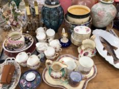 A 19th C. PINK LUSTRE JUG, DERBY AND OTHER PORCELAIN JUGS, TABLE LAMPS AND A CROWN DERBY FLORAL PART
