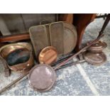 A COPPER COAL SCUTTLE, A MESH FIRE SCREEN TOGETHER WITH FOUR COPPER WARMING PANS