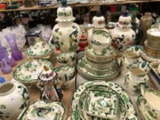 MASONS CHARTREUSE PATTERN DINNER WARES TOGETHER WITH A PAIR AND ANOTHER MASONS IMARI PALETTE VASE