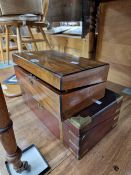 A 19th C. BRASS BOUND MAHOGANY WRITING SLOPE TOGETHER WITH ANOTHER IN ROSEWOOD