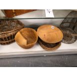 TWO TURNED WOODEN BOWLS AND A COLLECTION OF BASKETS