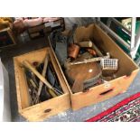 A PAIR OF FIRE BELLOWS, GARDENING AND OTHER TOOLS