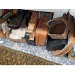 CURTAINS, TEXTILES, SUIT AND BRIEF CASES, A PORTABLE GRAMOPHONE, STONE WARE HOT WATER BOTTLES AND