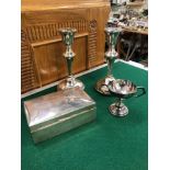 A PAIR OF HALLMARKED SILVER CANDLESTICKS, A CIGARETTE BOX AND A SMALL TROPHY CUP.