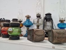 FIVE OIL LAMPS TOGETHER WITH FIVE OIL LANTERNS