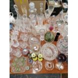 DRINKING GLASS, DECANTERS, BOWLS, A BOHEMIAN YELLOW AND WHITE OVERLAY VASE AND SOME PAPWERWEIGHTS