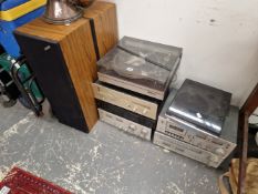 A PAIR OF FERGUSON SPEAKERS, TURNTABLE AND SOUND EQUIPMENT TOGETHER WITH A ROTEL TUNER AND A