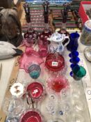 THREE RUBY OVERLAY DECANTERS CRANBERRY GLASS, BLUE LIQUEUR GLASSES, AN ONION PATTERN COFFEE POT,