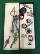 A SILVER GEMSET PENDANT, A BUTTERFLY COSTUME NECKLACE,AND VARIOUS BADGES PINS AND BROOCHES.