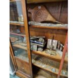 HORSE BRASSES, A TIN CASH BOX TILES, BRASS ANDIRONS, OAK FIRE BELLOWS, A BRASS CHAMBERSTICK, ETC.