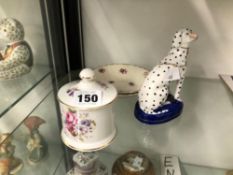 A STAFFORDSHIRE SEATED DALMATION, TWO SAUCERS AND A COALPORT COVERED JAR