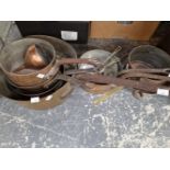 COPPER SAUCEPANS, A COAL BOX, A LEADED GLASS PANEL ETC