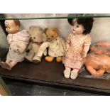 THREE COMPOSITION HEADED DOLLS AND TWO TEDDY BEARS