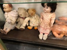 THREE COMPOSITION HEADED DOLLS AND TWO TEDDY BEARS