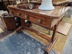 A WILLIAM IV MAHOGANY SIDE TABLE WITH TWO DRAWERS. 73 X 105 X 57CMS.