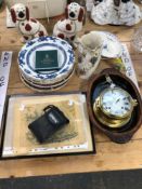 A BRASS SHIPS CLOCK, CHINESE UNFRAMED WATERCOLOURS, AN OLYMPUS CAMERS, DECORATIVE PLATES AND A