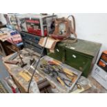 AN ANGLE GRINDER, A BLACK AND DECKER SANDER, VARIOUS TOOLS, TWO METAL TOOL BOXES, A LEATHER CASED