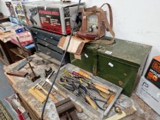 AN ANGLE GRINDER, A BLACK AND DECKER SANDER, VARIOUS TOOLS, TWO METAL TOOL BOXES, A LEATHER CASED