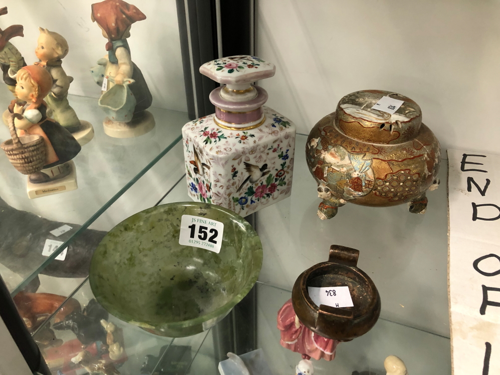 A SATSUMA INCENSE JAR, A GREEN STONE BOWL, A BRONZE CENSER AND A PARIS PORCELAIN SCENT BOTTLE