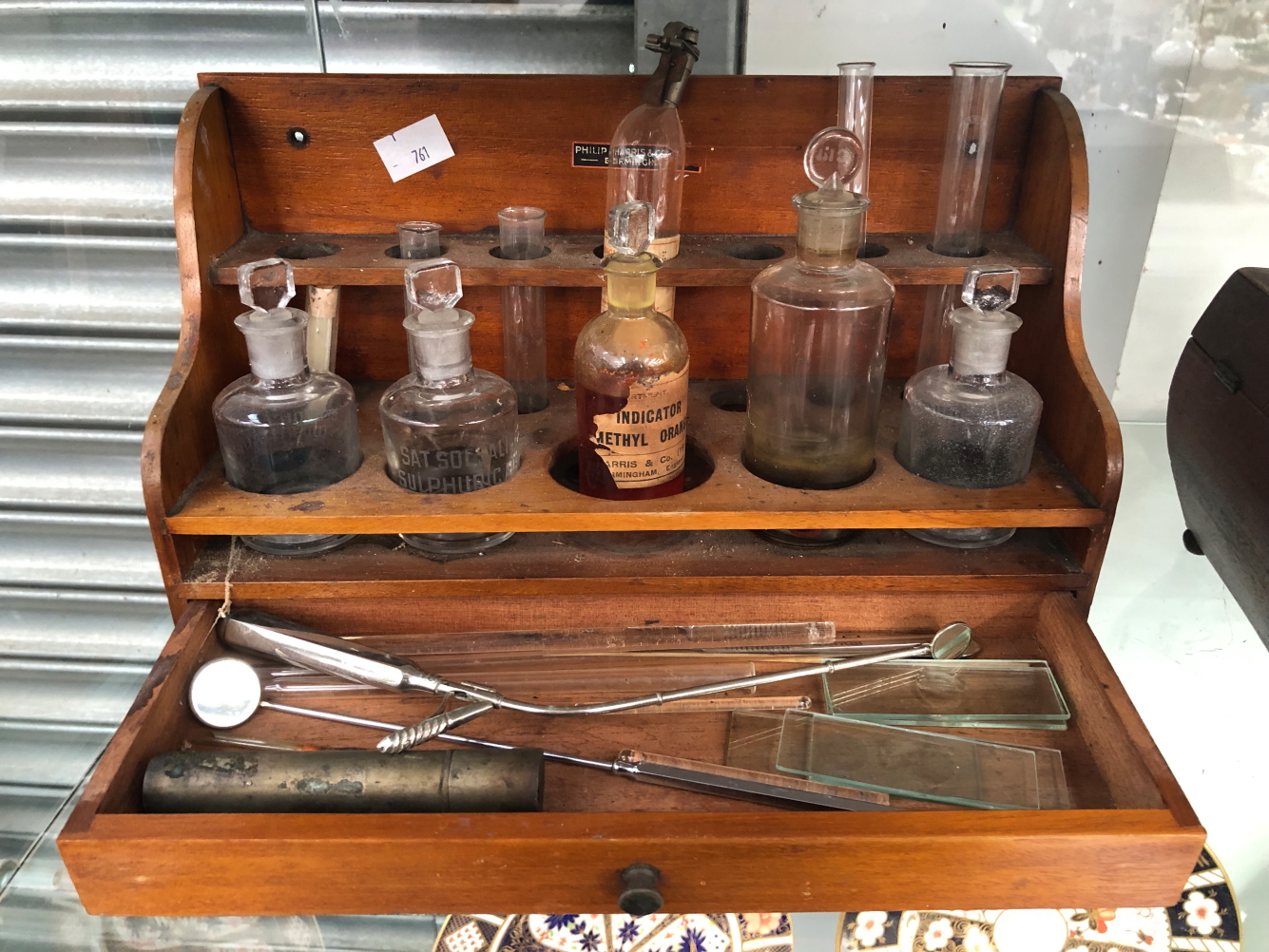 A COLLECTION OF CHEMISTRY BOTTLES IN TWO WOOD STANDS TOGETHER WITH A MAHOGANY TEA CADDY - Image 4 of 6