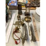 A MINERS LAMP, AN HOUR GLASS, 2 BRASS HORNS, ELECTROPLATE PHEASANTS AND OTHER BRASS