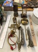 A MINERS LAMP, AN HOUR GLASS, 2 BRASS HORNS, ELECTROPLATE PHEASANTS AND OTHER BRASS