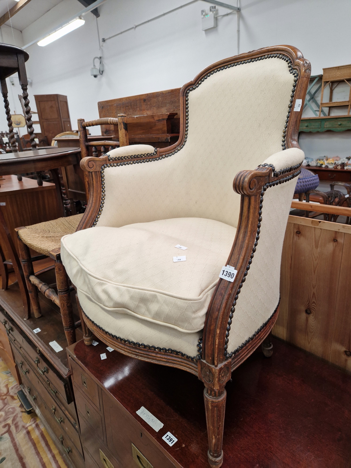 A FRENCH STYLE SHOW FRAME ARMCHAIR, TOGETHER WITH A COUNTRY SIDE CHAIR AND TWO OCCASIONAL TABLES.