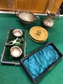 A HALLMARKED SILVER SUGAR BOWL, NIPS AND CREAMER, TWO SALTS, AND A LAWN TENNIS VINTAGE TAPE MEASURE.